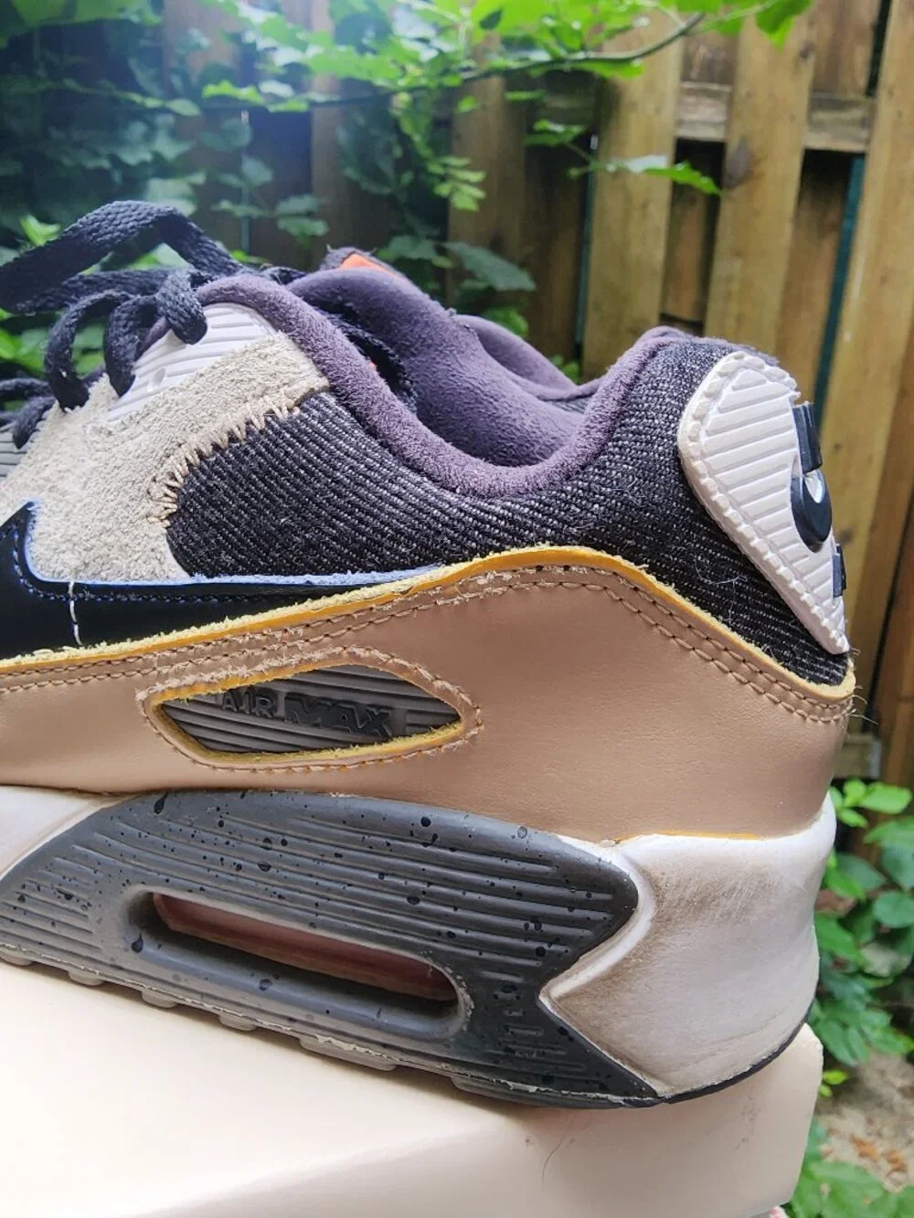 Nike 7 youth, 8.5 Women's Air Max 90 tan suede, black denim & leather